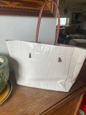Staud White Croc-Embossed Tote with Brown Handles